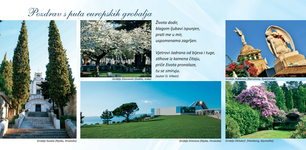 Kolaž fotografija europskih grobalja, uključujući riječko groblje Kozala i Drenova te europske memorijalne parkove.