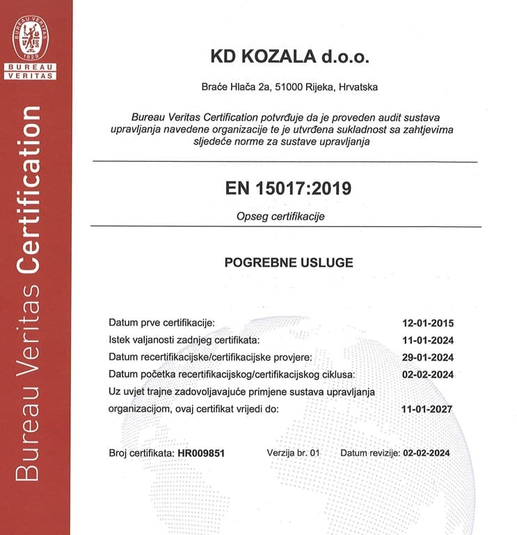 Bureau Veritas certifikat EN 15017:2019 za pogrebne usluge poduzeća KD Kozala Rijeka.