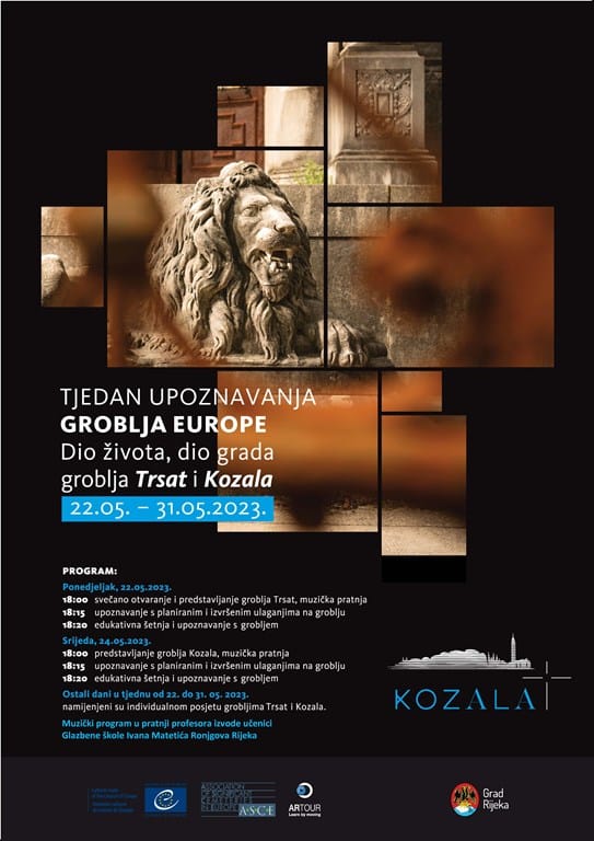 Plakat za Tjedan upoznavanja groblja Europe s kamenom skulpturom lava i programom za groblje Trsat i Kozala.