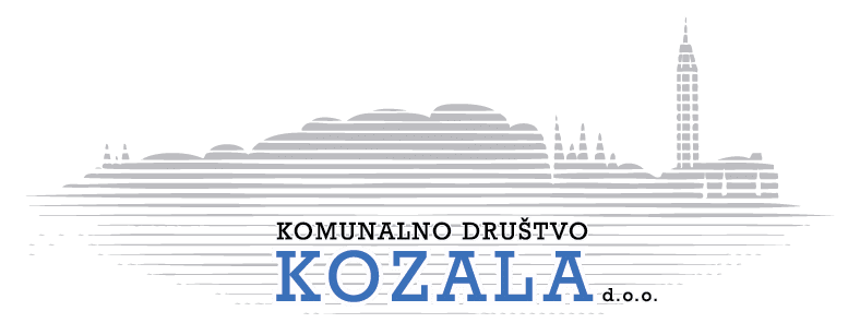 Logotip Komunalnog društva Kozala s linijskom siluetom grada Rijeke na crnoj pozadini.