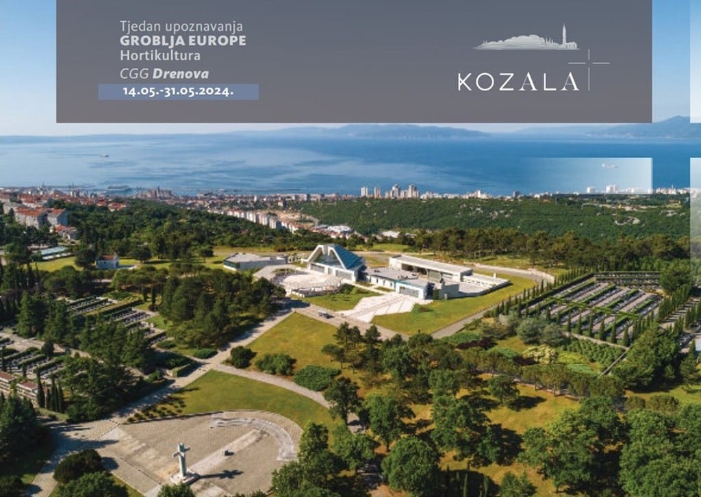 Panorama Centralnog gradskog groblja Drenova s pogledom na more i Kvarnerski zaljev.