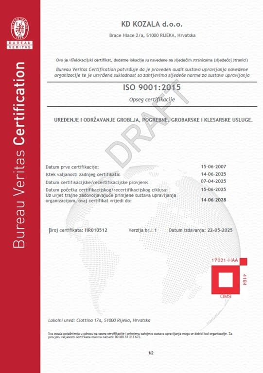 ISO 9001:2015 certifikat Bureau Veritas za KD Kozala, uređenje groblja te pogrebne i klesarske usluge.